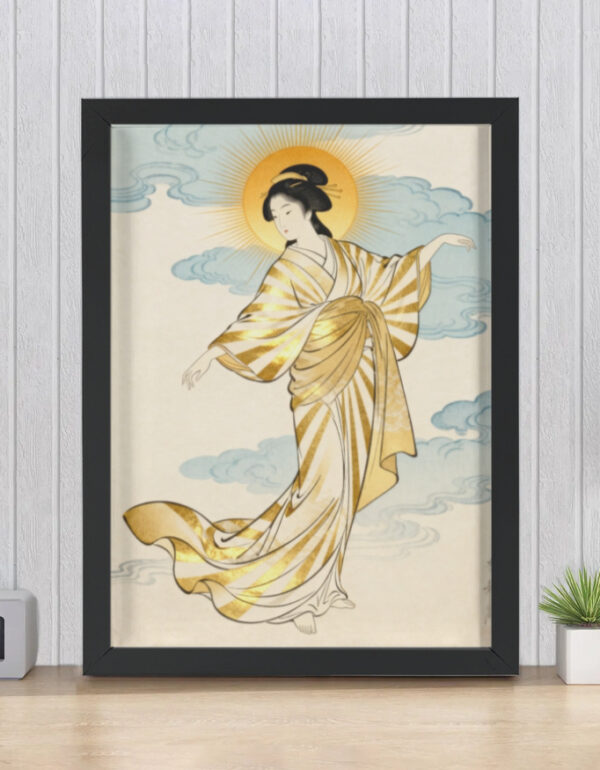 Radiant Goddess of Light in Golden Kimono, Spiritual Zen Wall Decor Print Framed Poster