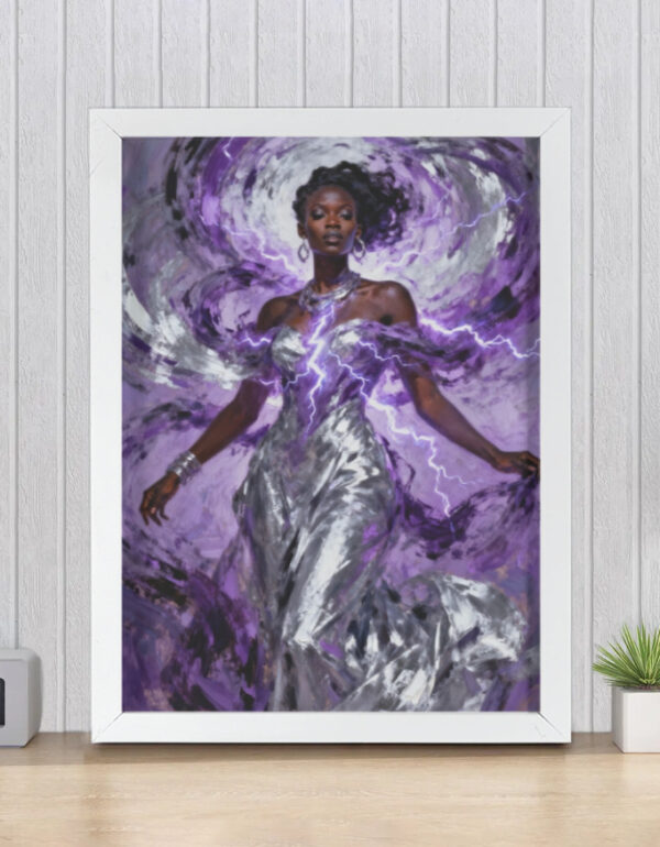 African Divine Feminine with Lightning Energy, Purple Spiritual Power Wall Decor Print Framed Poster