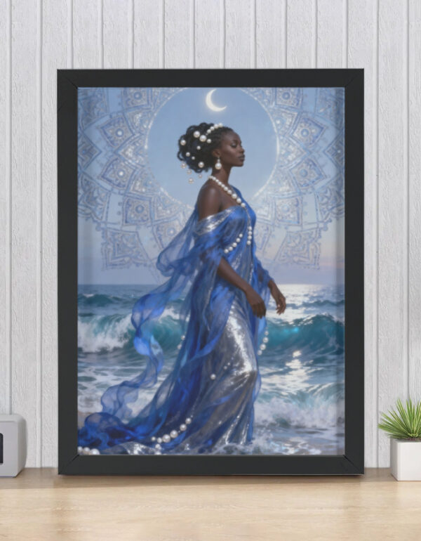 Orisha Sea Deity in Indigo, Moonlit Spiritual Wall Decor Print Framed Poster