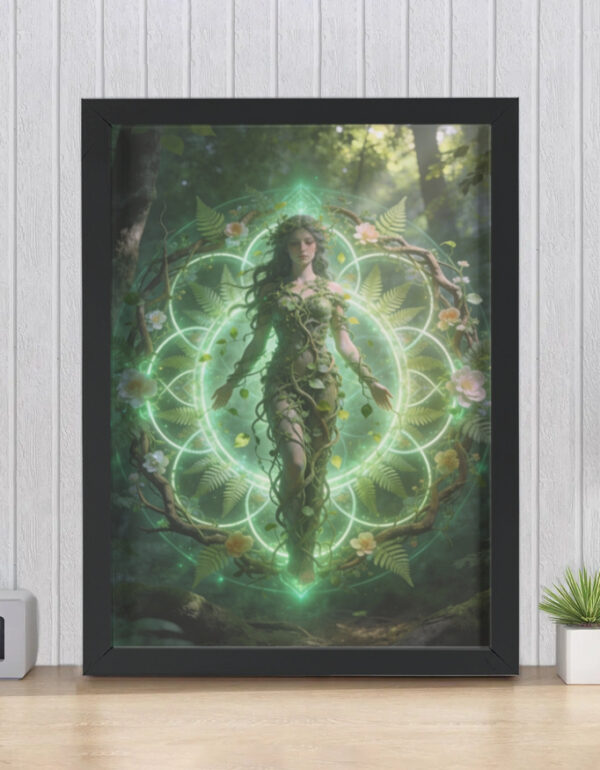 Green Nature Deity with Mandala, Fantasy Spiritual Wall Decor Print Framed Poster