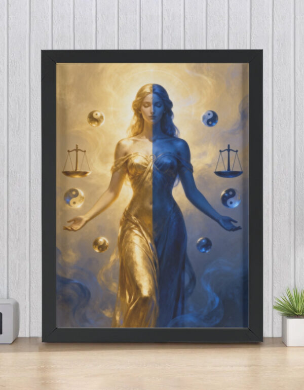 Divine Feminine Duality in Gold and Indigo, Spiritual Harmony Wall Decor Print Framed Poster