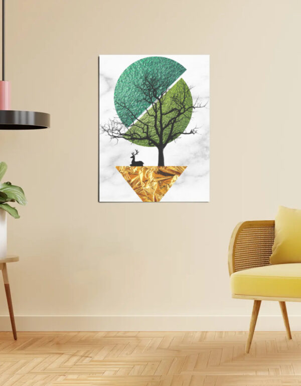 Premium Abstract Tree & Deer Wall Art Poster with Emerald Green & Gold Foil Design