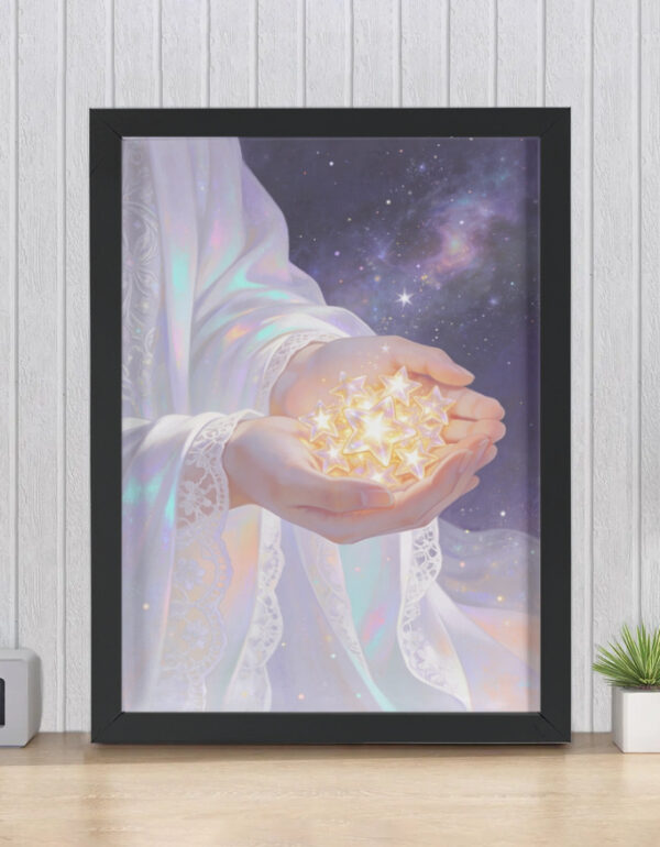 Hands Holding Stars, Divine Feminine Cosmic Energy Wall Decor Framed Poster
