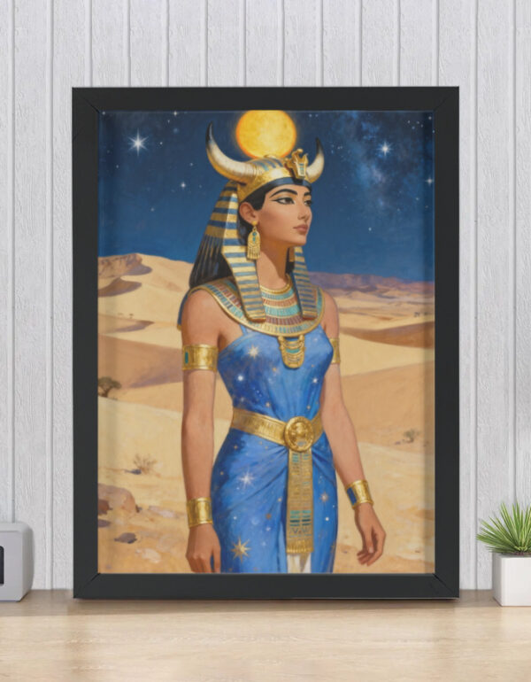 Celestial Hathor-Inspired Queen with Solar Crown, Desert Mythology Wall Decor Framed Poster