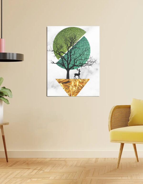 Modern Abstract Tree & Deer Wall Art with Green Circle & Gold Foil Triangle Poster