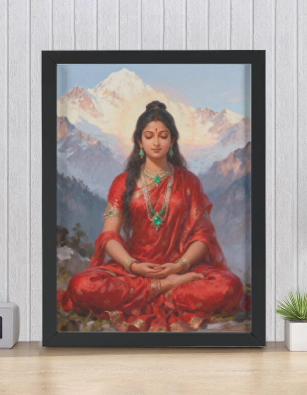 Hindu Divine Feminine Meditation in Himalayas, Spiritual Home Decor Print Framed Poster