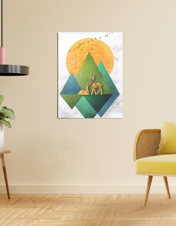 Luxury Abstract Deer Wall Art with Golden Sun & Green Geometric Design
