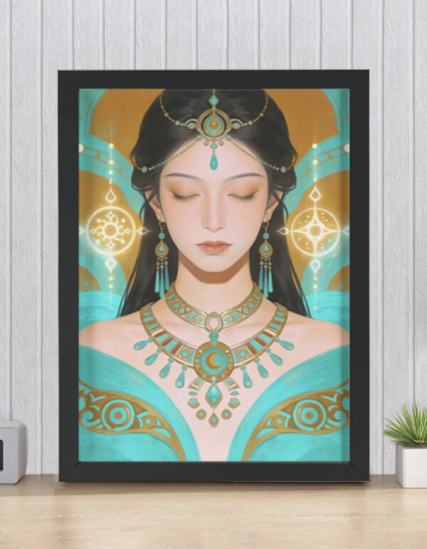 Divine Feminine Meditation Portrait in Turquoise, Spiritual Wall Decor Print Framed Poster