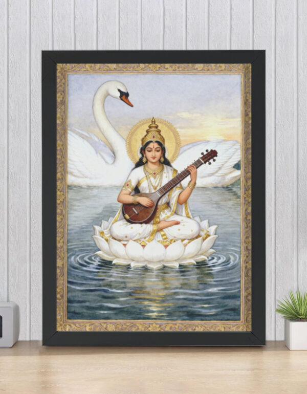 Saraswati Goddess– Hindu Goddess of Wisdom, Music & Knowledge – Lotus Veena Spiritual Home Decor Print Framed Poster