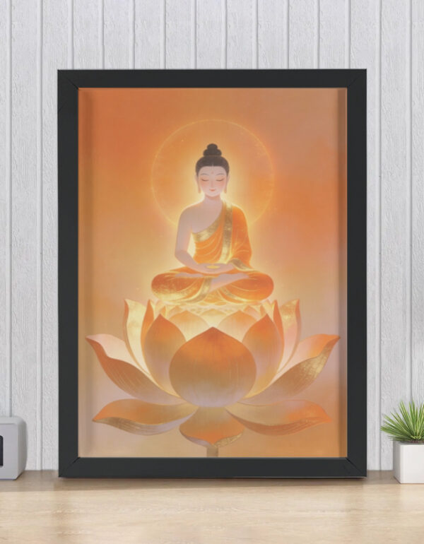 Meditating Buddha in Golden Orange Aura, Spiritual Zen Wall Decor Print Framed Poster