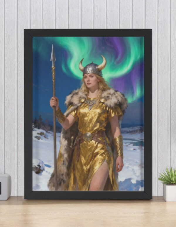 Norse Warrior Queen in Gold, Aurora Borealis Mythology Wall Decor Print Framed Poster