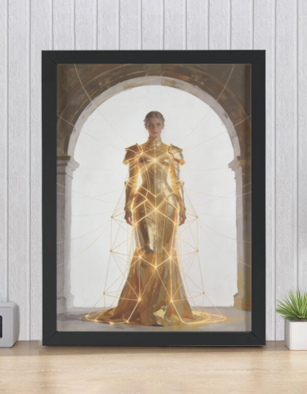 Divine Feminine in Luminous Armor Gown, Modern Sacred Wall Decor Framed Poster
