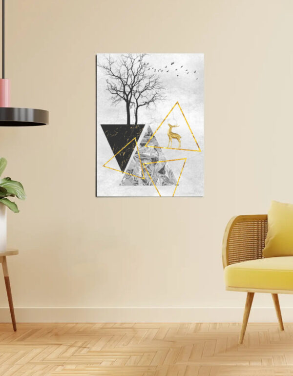 Modern Abstract Deer & Tree Wall Art Poster with Gold Geometric Design