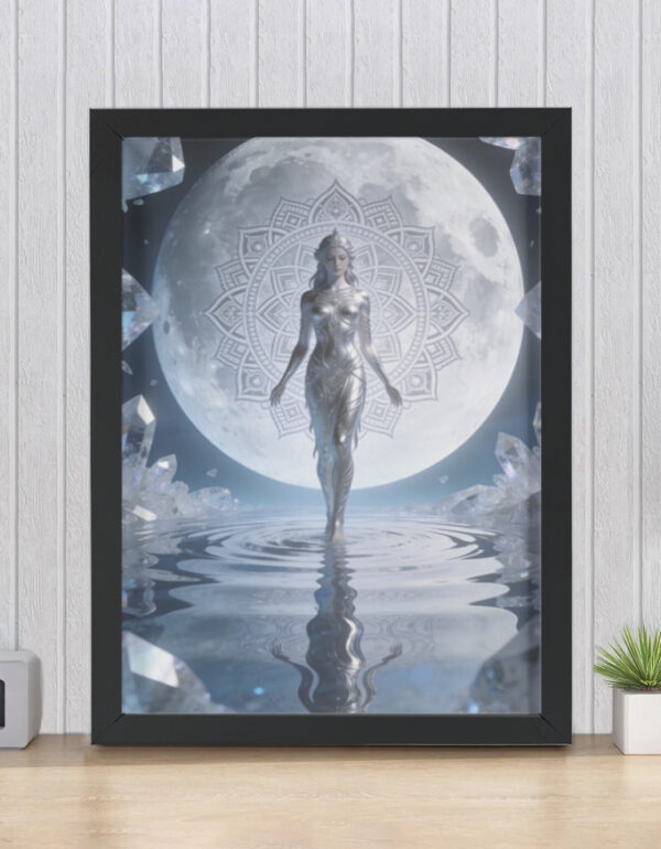 Silver Lunar Deity with Full Moon Mandala, Ethereal Spiritual Wall Decor Print Framed Poster