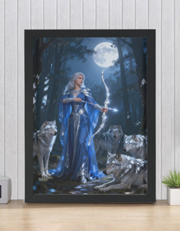Wolf Guardian Goddess with Silver Bow, Fantasy Night Forest Wall Decor Framed Poster