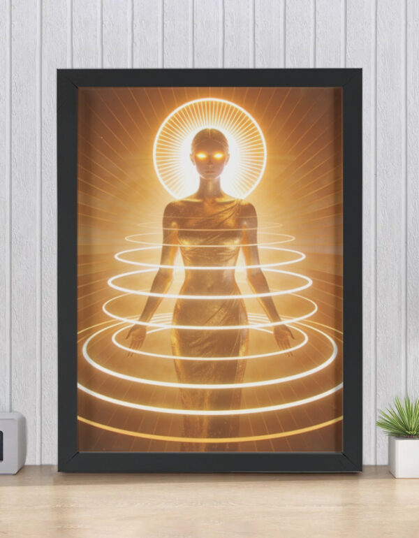 Golden Divine Feminine with Sun Halo & Energy Rings, Spiritual Power Wall Decor Framed Poster