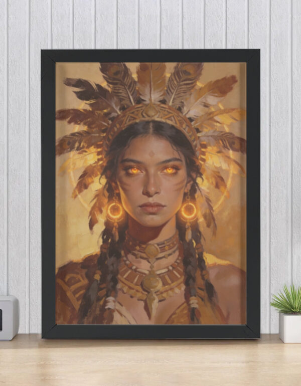 Sacred Earth Woman with Feathered Headdress, Ancestral Feminine Power Wall Decor Framed Poster